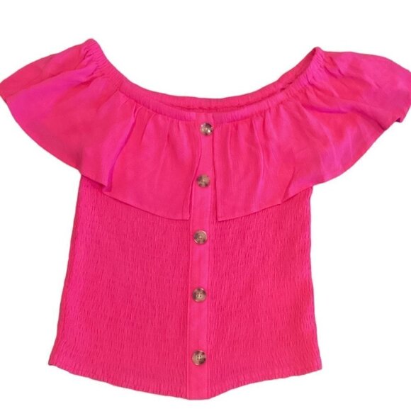 Express Ruffle Neck Smocked Top Button Accents S Pink 70X - Picture 3 of 10